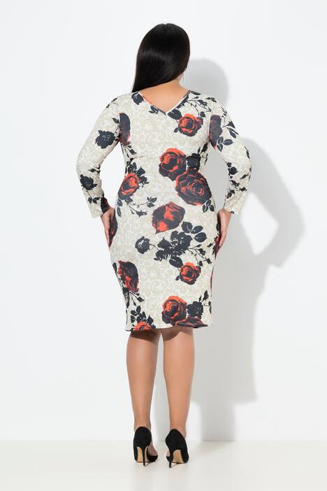 Vestido de jersey, slim, rosas, escote en V en la espalda