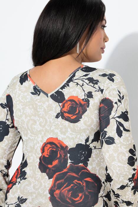 Vestido de jersey, slim, rosas, escote en V en la espalda