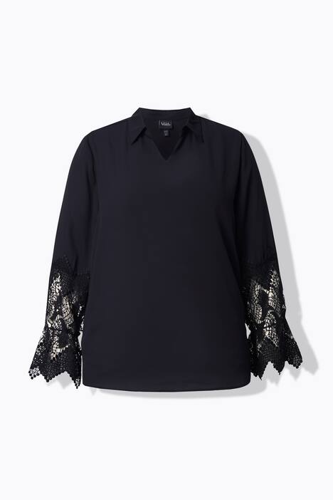 Chemisier en crêpe avec dentelle, col chemise, encolure en V et manches longues
