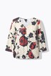 T-shirt à motif roses et effet cache-cœur, manches cloche 3/4