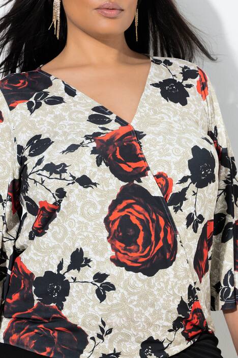 T-shirt à motif roses et effet cache-cœur, manches cloche 3/4