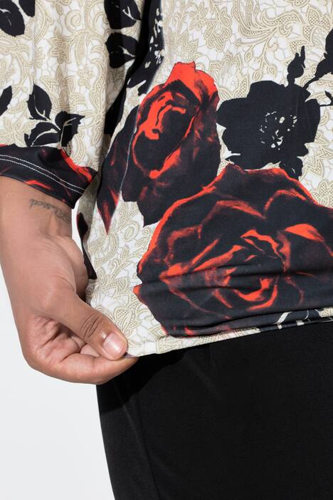 T-shirt à motif roses et effet cache-cœur, manches cloche 3/4