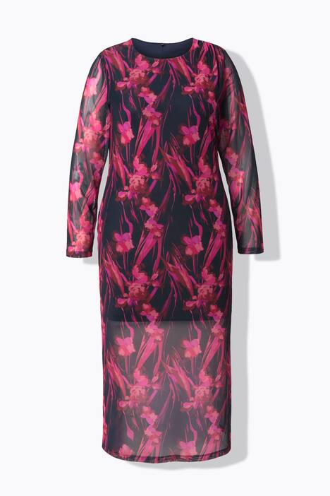 Maxi-jurk van mesh, plooitjes, ronde hals, lange mouwen