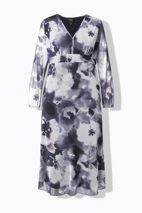 Maxi-jurk van mesh, bloemen, A-lijn, V-hals, lange mouwen