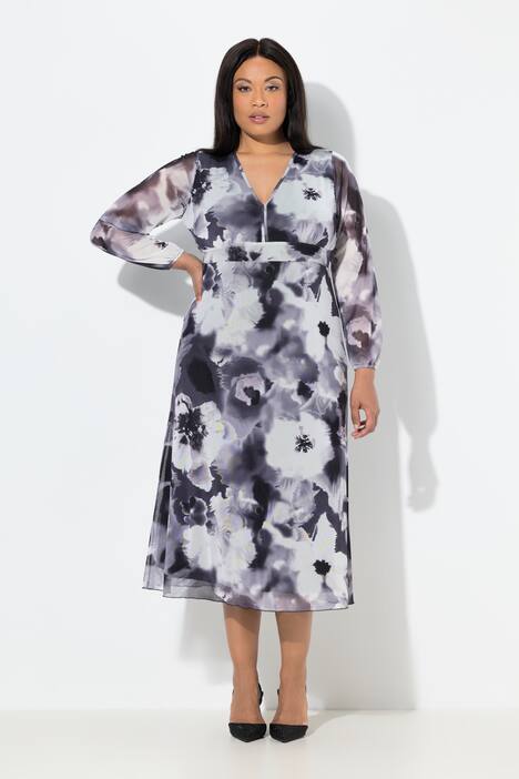 Maxi-jurk van mesh, bloemen, A-lijn, V-hals, lange mouwen