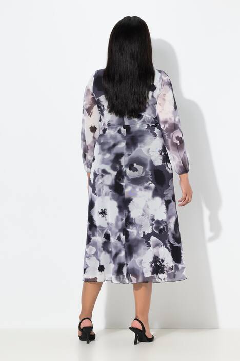 Maxi-jurk van mesh, bloemen, A-lijn, V-hals, lange mouwen