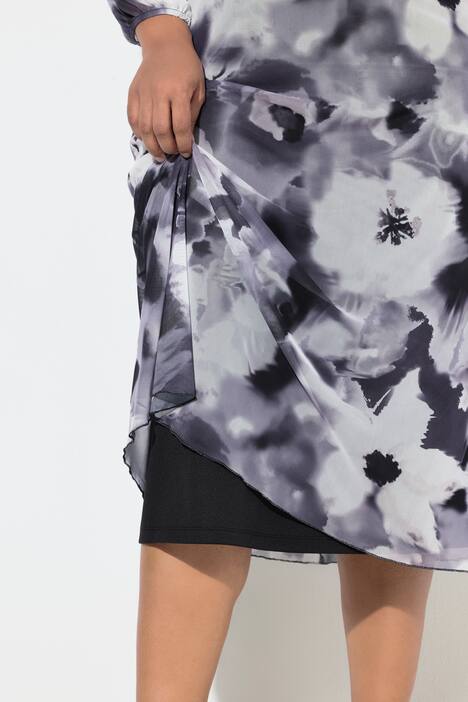 Maxi-jurk van mesh, bloemen, A-lijn, V-hals, lange mouwen