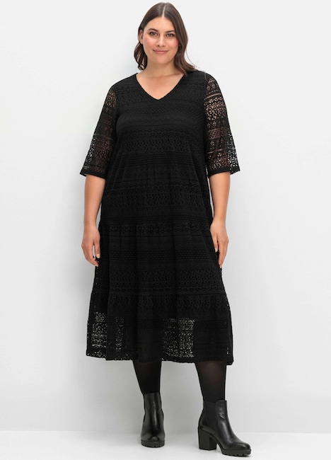 Spitzenkleid 3/4-Arm Uni Ohne Kragen