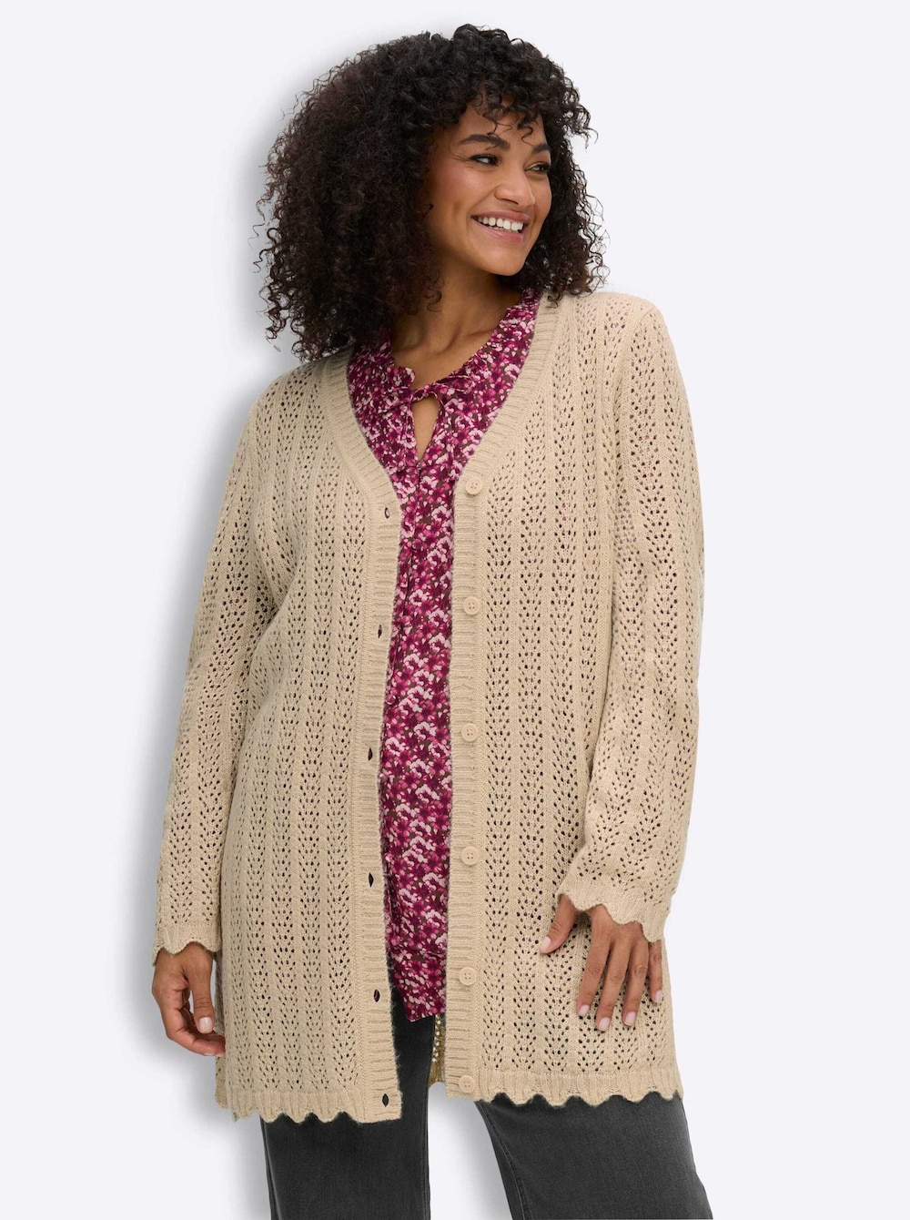 Long-Strickjacke Longstrickjacke mit Ajourmuster Langarm Ohne Kragen