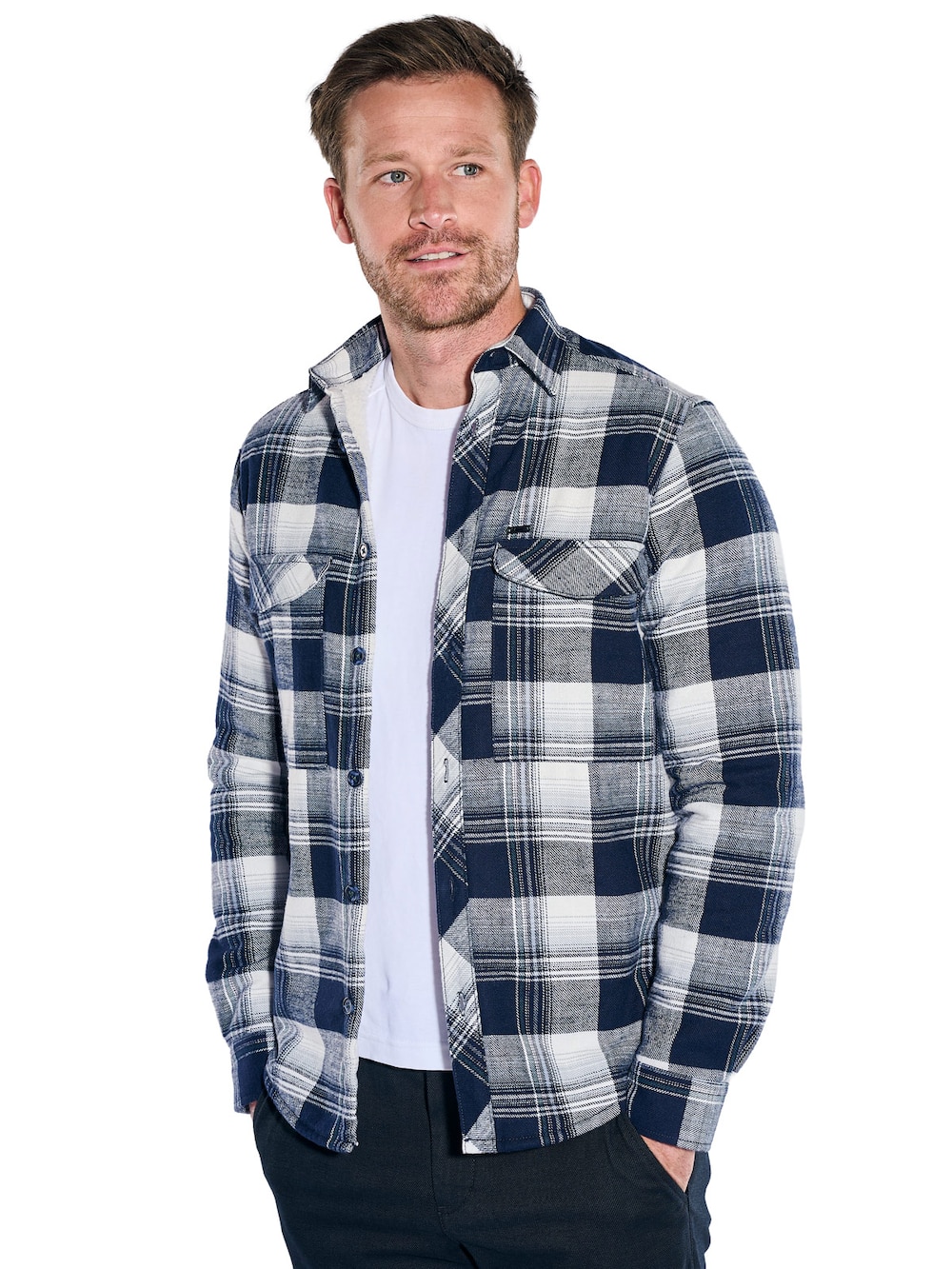 Herren Kariertes Overshirt mit Teddyfütterung , Marineblau