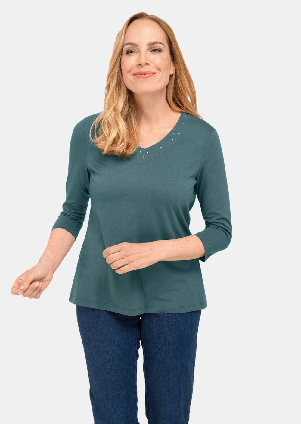 T-Shirt mit charmantem Ausschnitt und Schmucksteinchen