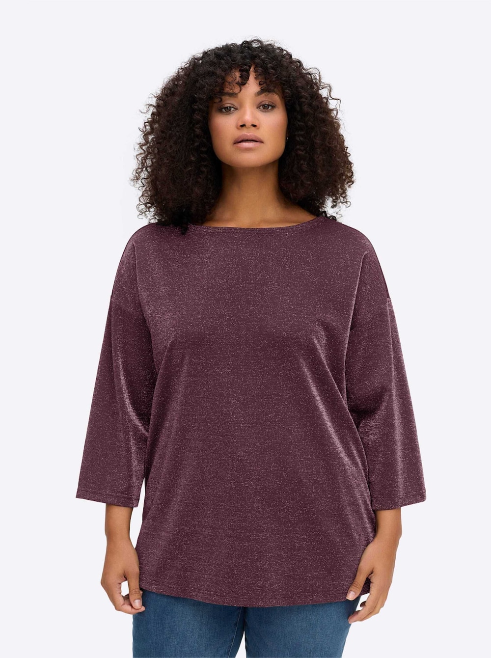 Sweatshirt Sweatshirt aus Glitzergarn 3/4-Arm Uni Ohne Kragen