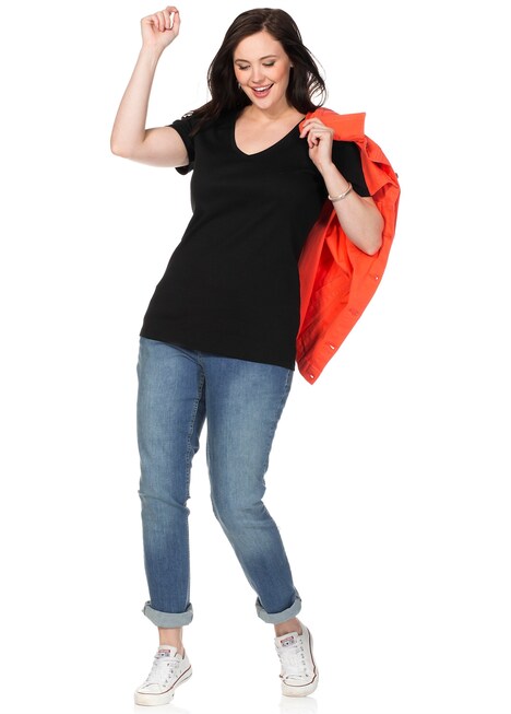 T-Shirt T-Shirt mit V-Ausschnitt, Rippqualität Kurzarm Uni Ohne Kragen