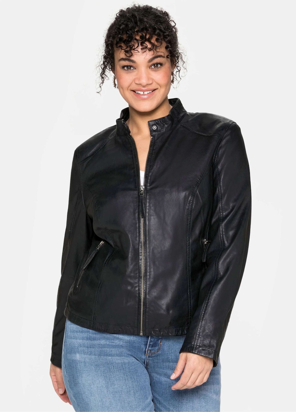 Leder-Jacke Langarm Uni Stehkragen