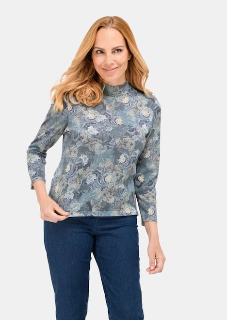 Floraler Strickpullover mit Stehkragen
