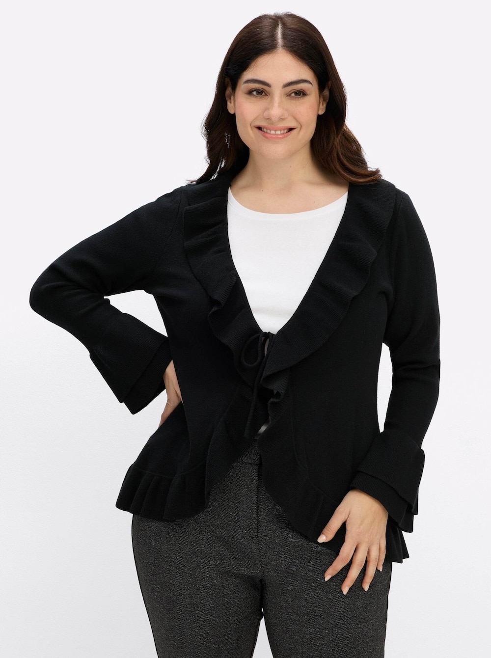 Strickjacke Shirtjacke mit Rüschen Langarm Umlegekragen