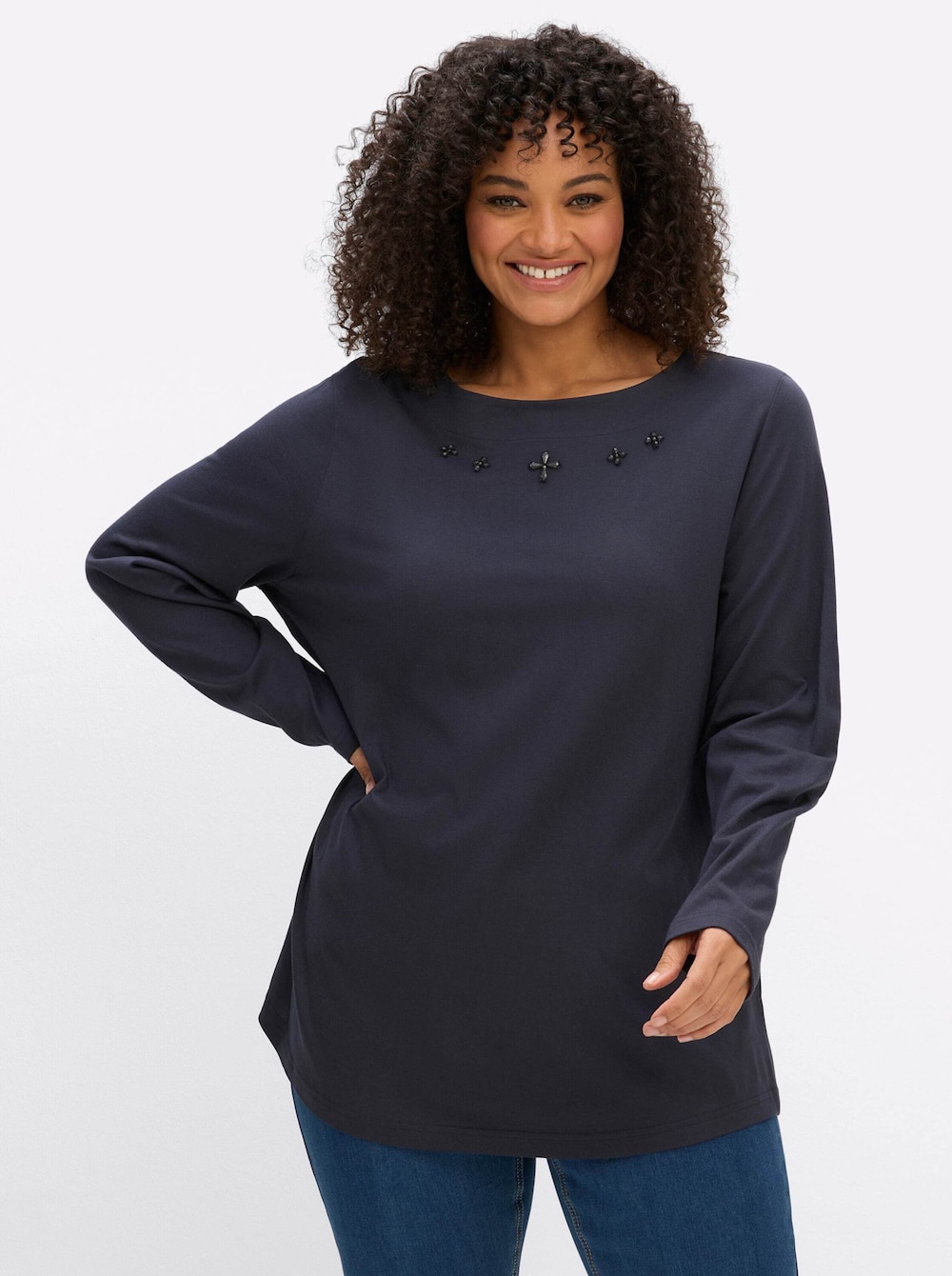 Langarm-Shirt Langarmshirt mit Zierperlen am Ausschnitt Langarm