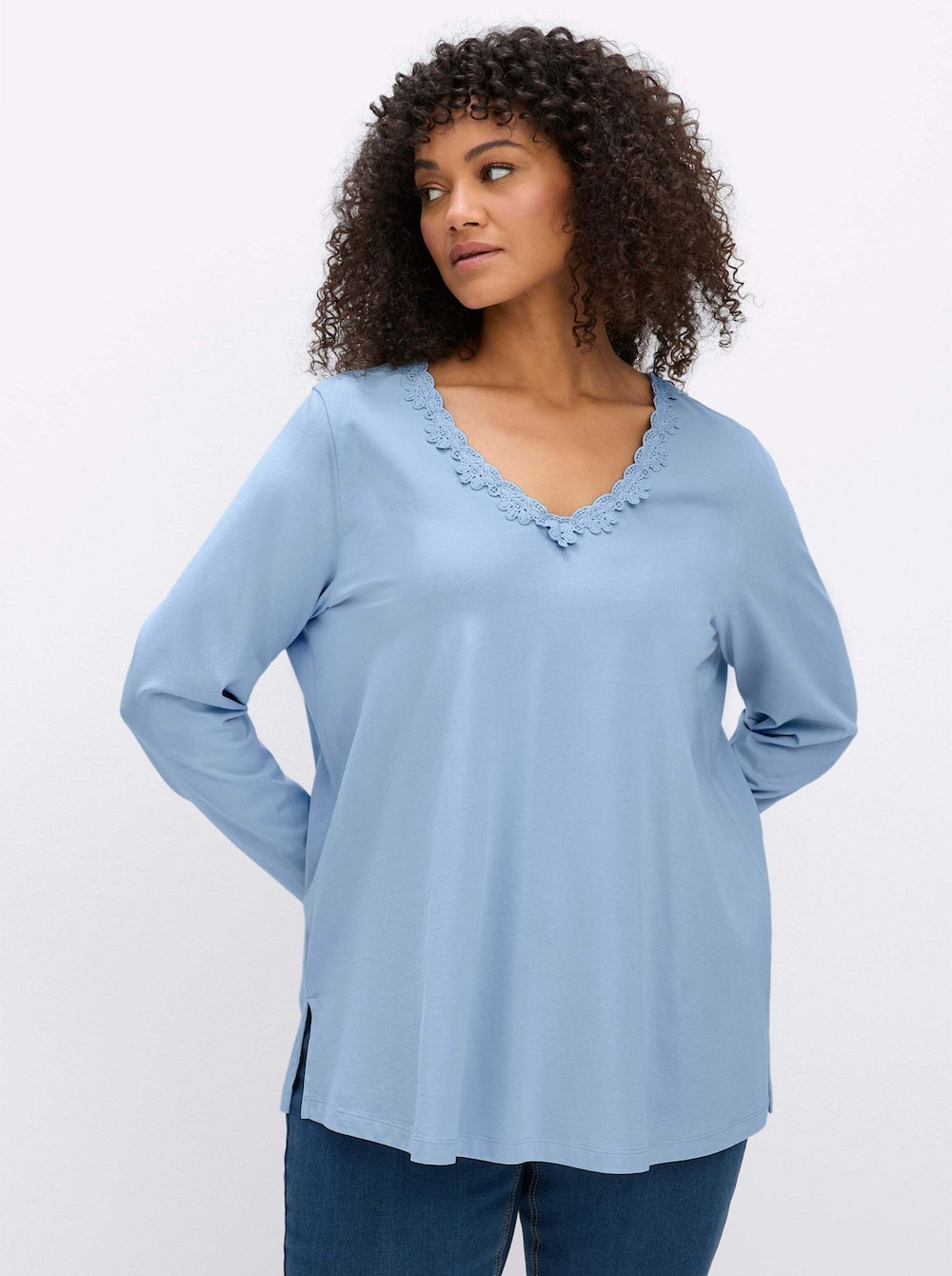 Langarm-Shirt Langarmshirt mit dekorativem V-Ausschnitt Langarm Ohne Kragen