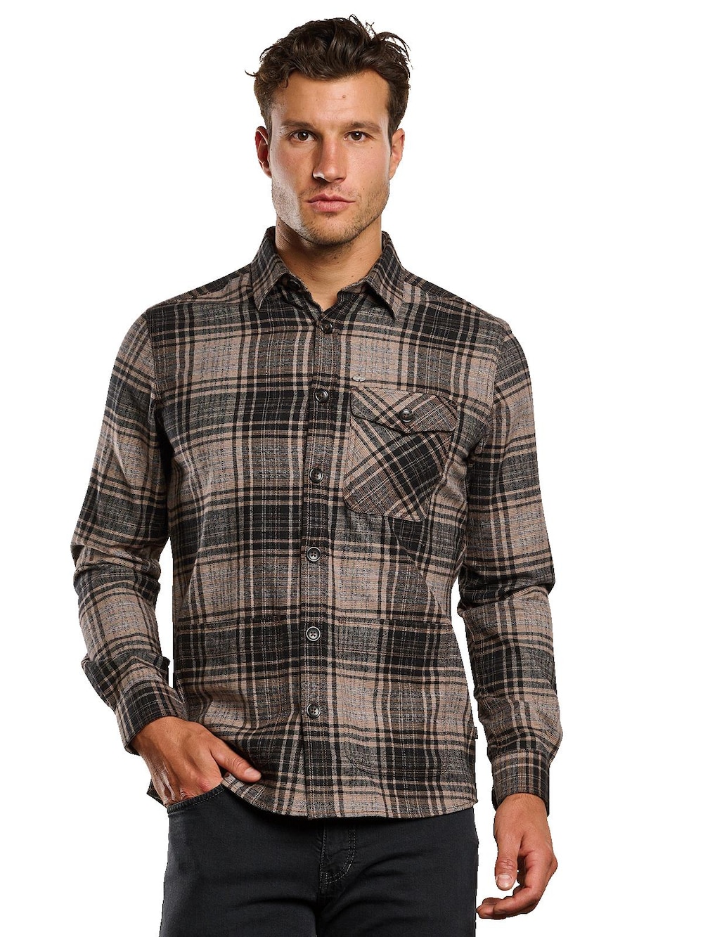 engbers Herren Langarm-Hemd kariert , Schwarzbraun