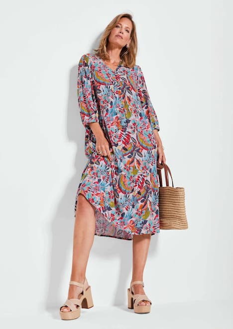 Midikleid, Allover-Print, V-Ausschnitt