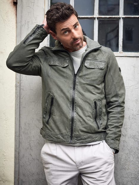 engbers Herren Lederjacke mit Stehkragen , Gruen