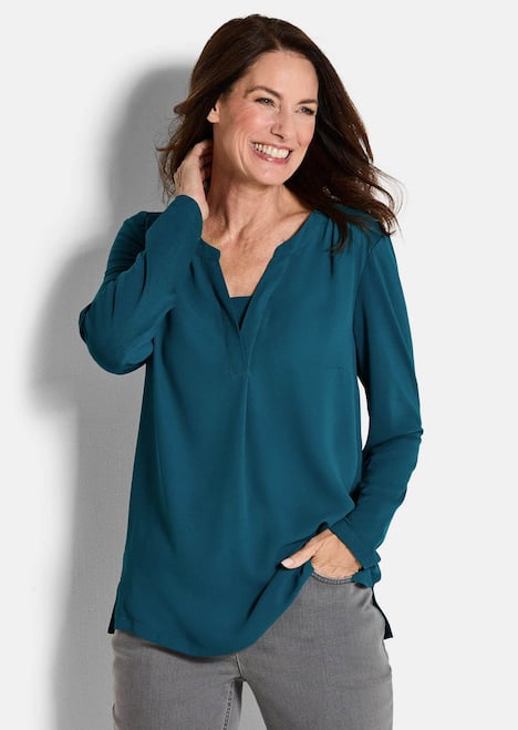 Blusenshirt Langarm Damen Unibluse mit Chiffoneinsatz und Rundhalsaussschnitt