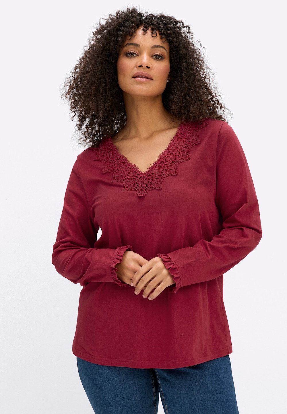 Langarm-Shirt Langarmshirt mit Spitze am V-Ausschnitt Langarm keine Angabe