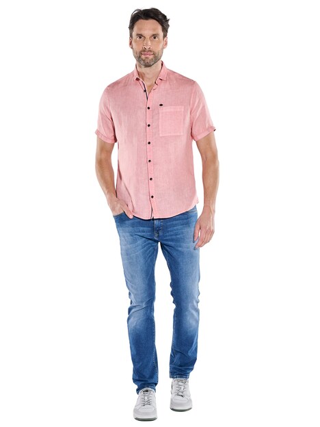 Herren Kurzarm-Hemd aus Leinen , Hellrot