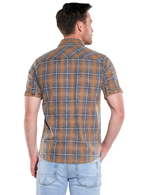 Herren Kurzarm-Hemd mit Reißverschluss , Cognac
