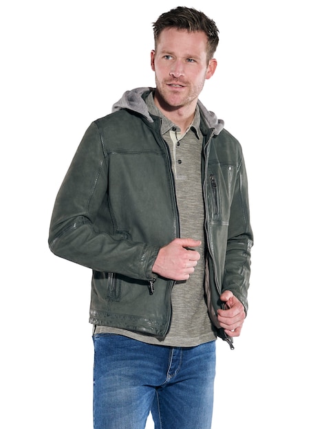 Lederjacke mit abnehmbarer Kapuze