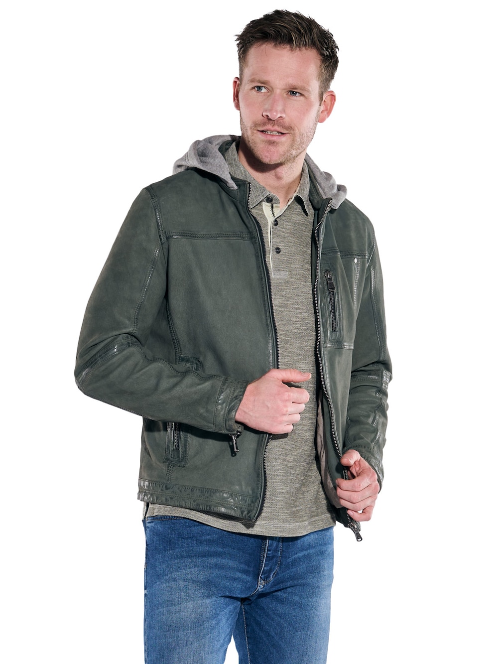 Lederjacke mit abnehmbarer Kapuze