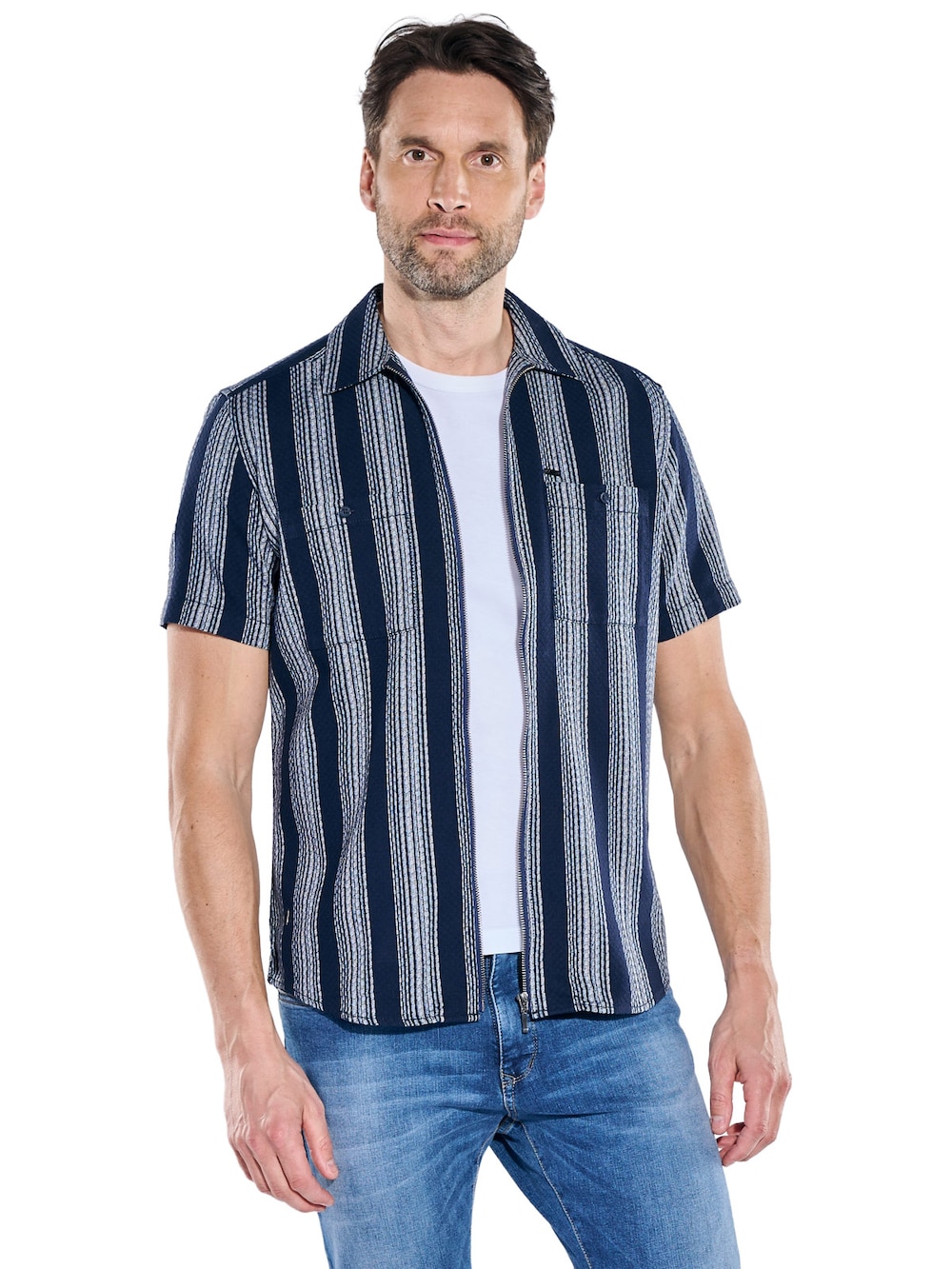 Herren Gestreiftes Overshirt in Strickoptik , Marineblau