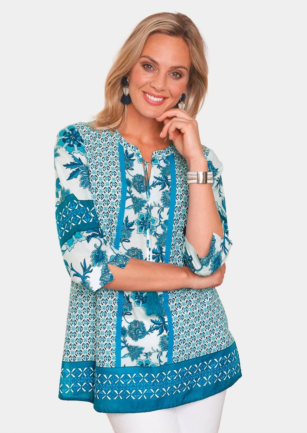 GOLDNER Bluse Baumwoll Druckbluse mit Bindeband