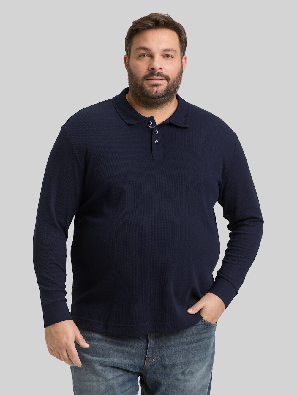Langarm Poloshirt mit Waffelstruktur