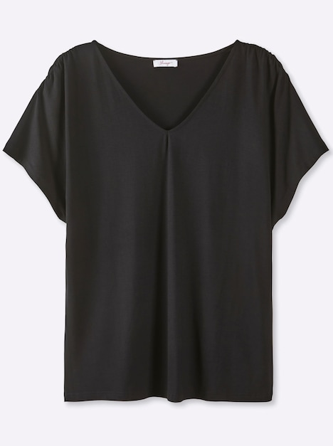 Halbarmshirt V-Shirt mit Raffungen an der Schulternaht Kurzarm