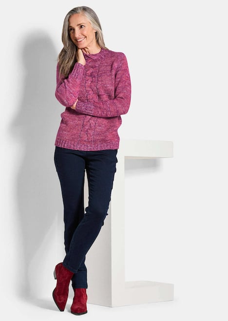 Hüftlanger Langarm Pullover, Zopfstrick