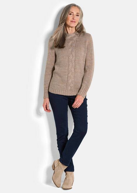 Hüftlanger Langarmpullover, Zopfstrick