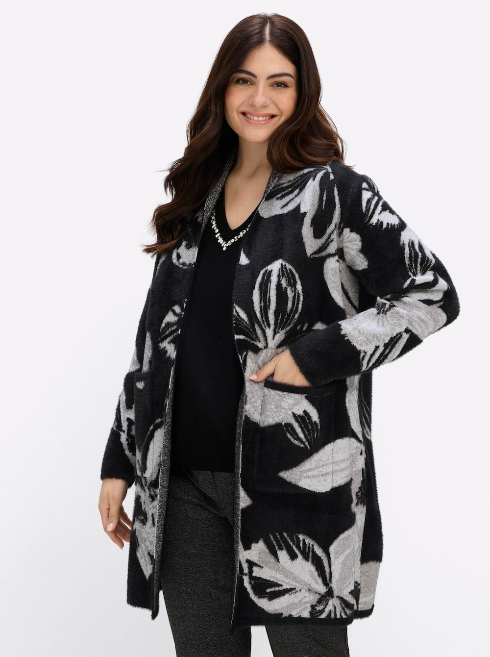 Long-Strickjacke Longstrickjacke mit Jaquardmuster Langarm Schalkragen