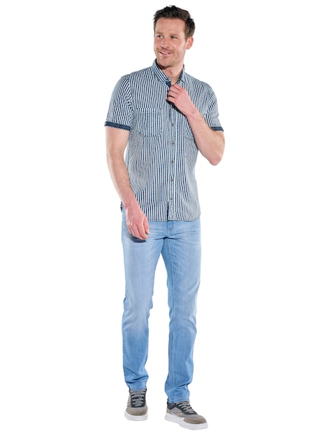 Herren Kurzarmhemd Seersucker mit Streifen , Indigoblau