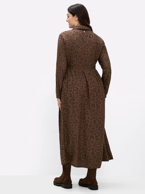 Kleid A-Linien-Kleid mit Leoprint Langarm Blusenkragen