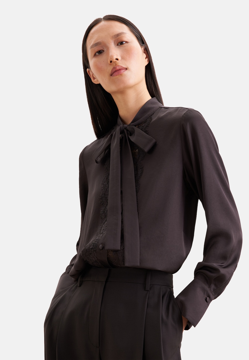 Damen Stehkragenbluse - Uni glänzend