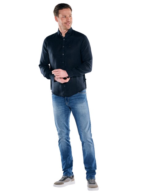 Herren Leinenhemd mit gewaschener Optik , Marineblau