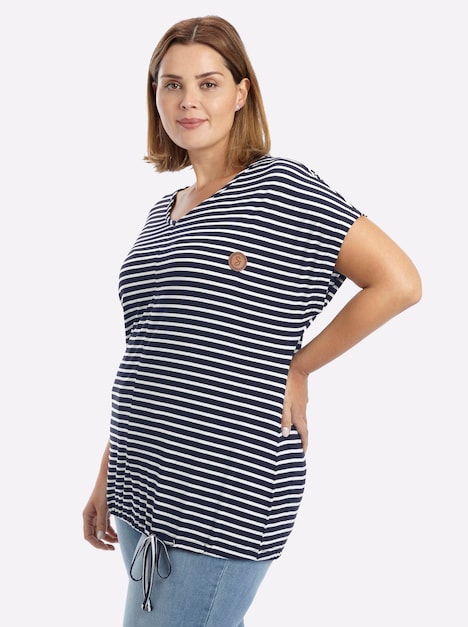 Kurzarm-Shirt Ringelshirt mit Bindeband am Saum Kurzarm