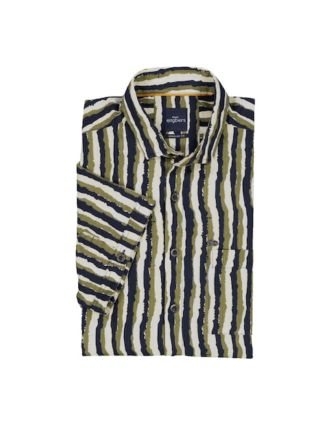 Herren Kurzarm-Hemd gestreift , Oliv