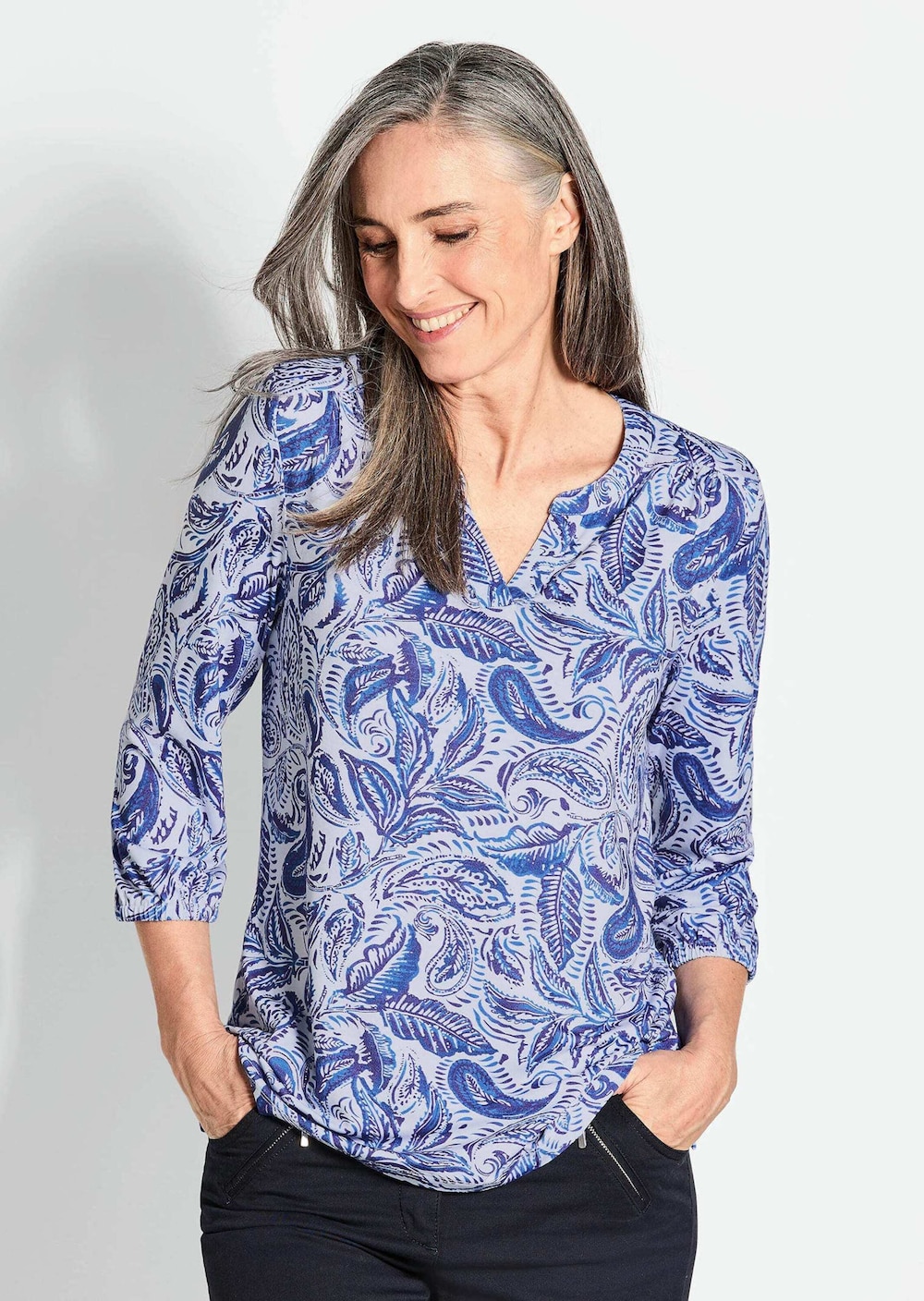 Jerseybluse Pinke Bluse mit Muster, Halbarm