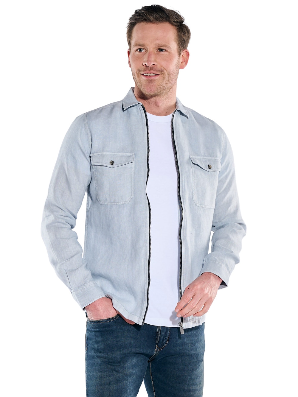 Herren Leinen Overshirt mit Zipper , Hellblau