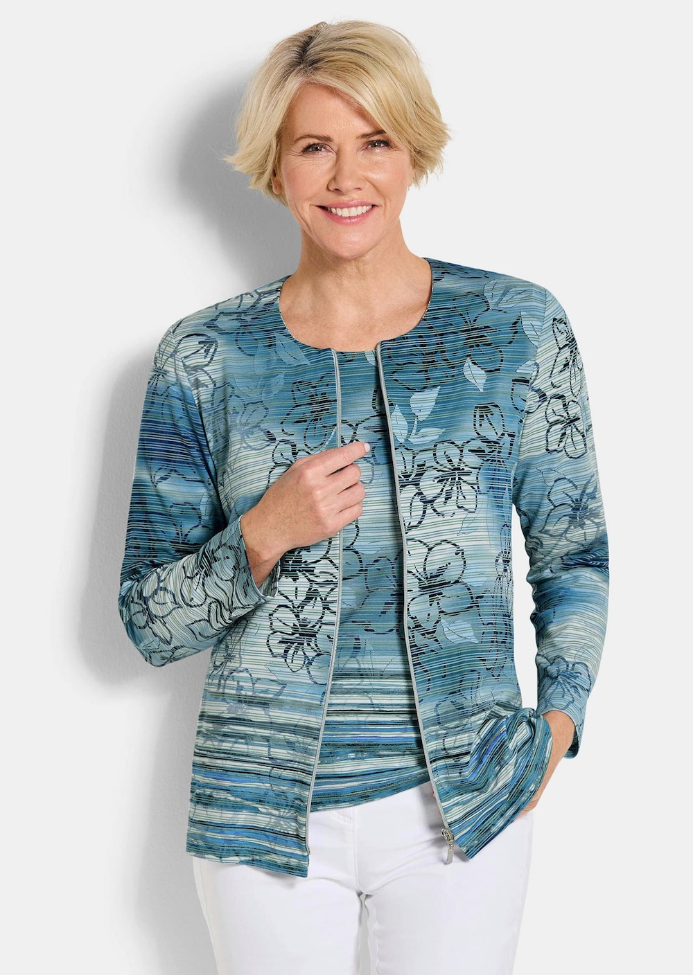 Jerseyjacke mit floralem Streifenmuster