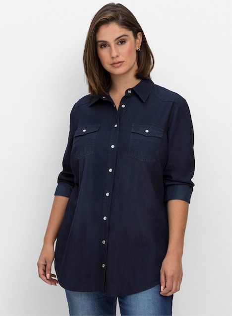 Jeansbluse Jeansbluse mit Druckknöpfen Langarm Uni Hemdkragen