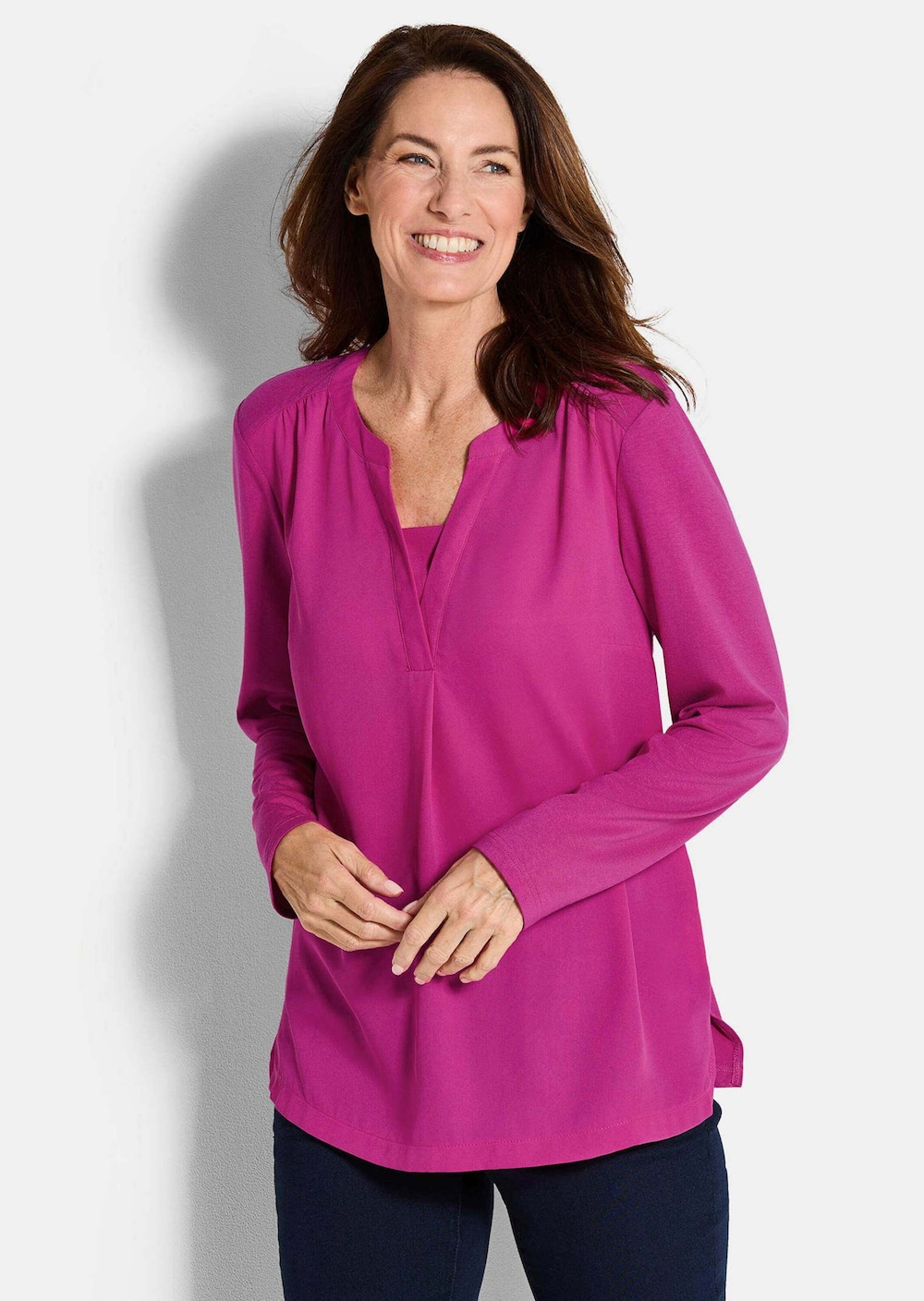 Langarm Damen Unibluse mit Chiffoneinsatz und Rundhalsaussschnitt