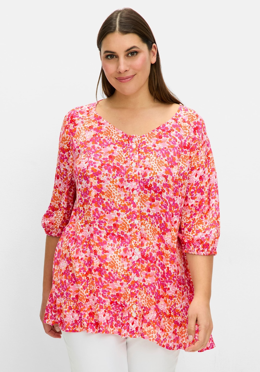 Druckbluse 3/4-Arm Blumen Ohne Kragen